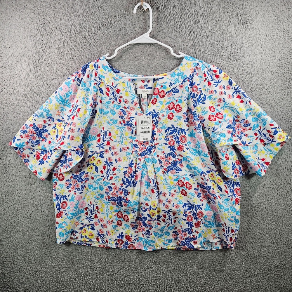 NEW Charter Club Luxury Linen Top Blouse Women XL Ruffle Sleeve Colorful Floral